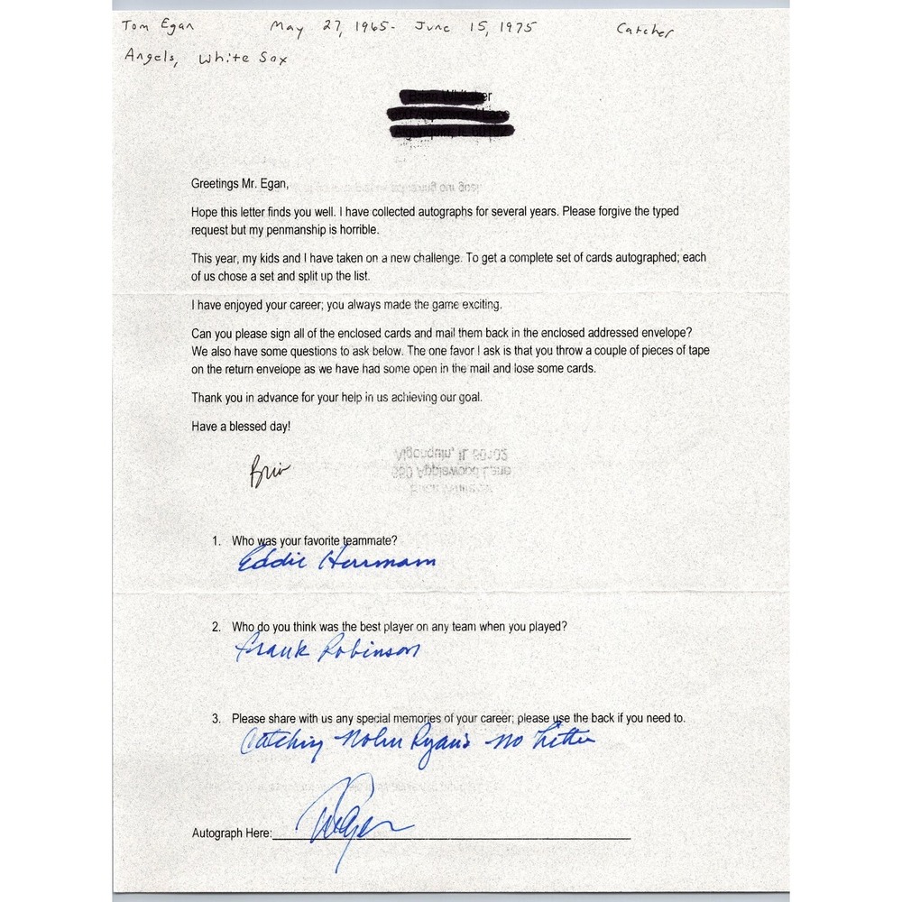 Tom Egan Autographed Letter Signed Nolan Ryan No Hitter Angels White Sox Catcher